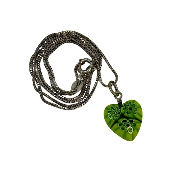 Millefiori Green Glass Heart Pendant Silver 925 Chain - Picture 4 of 7